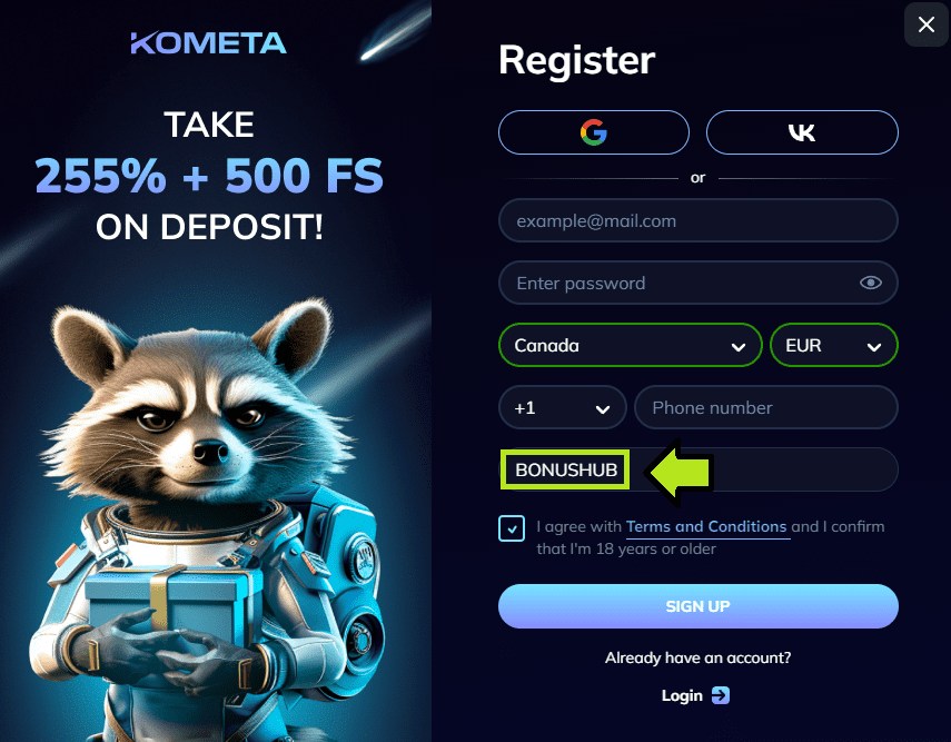 KOMETA Casino register